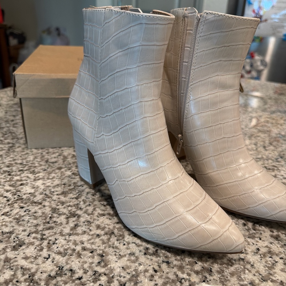 Steve Madden Cream Croc-Embossed Ankle Booties